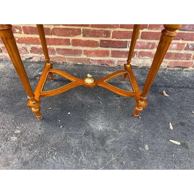 Brown Vintage Louis XvI Style Marquetry Stretcher Base Brass Mounted Floral Inlaid Card Table For Sale - Image 8 of 16