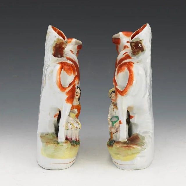 Late 19th Century Antique Staffordshire Flatback Cow and Milkmaid Spill Vases- a Pair For Sale - Image 5 of 8