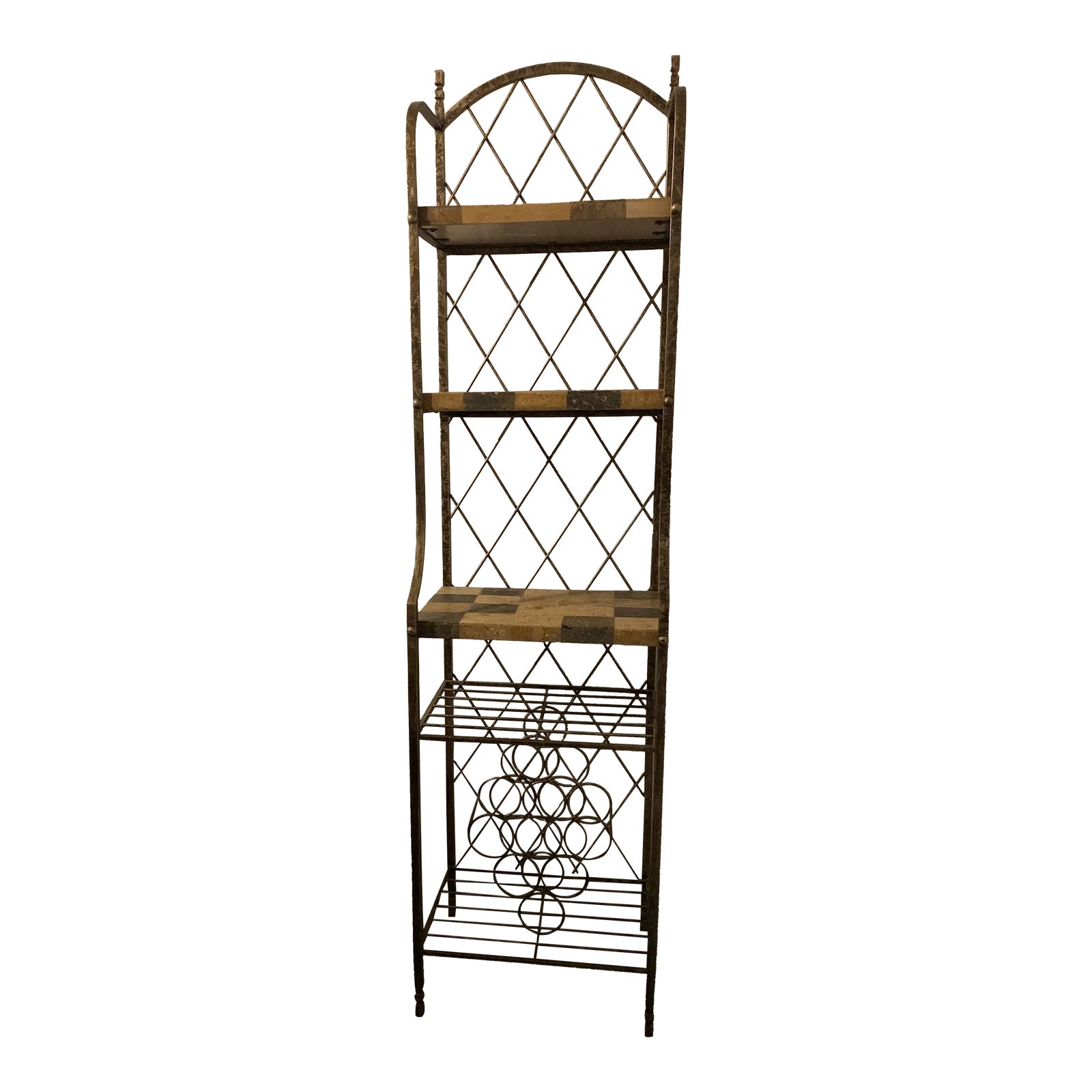 1990s Horchow Wrought Iron Bakers Rack With Stone Shelves and Wine Rack ...