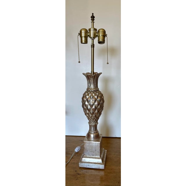 Regency Style Thomas Morgan Carved Pineapple Form Silver Giltwood Designer Table Lamp