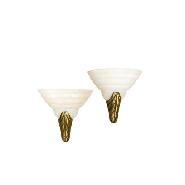 1970s Albaster and Gold Leaf Brass Sconces, 1970s, Set of 2 For Sale - Image 5 of 16
