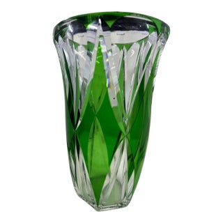 Vintage Val St Lambert Crystal Vase With Green Diamond Pattern For Sale