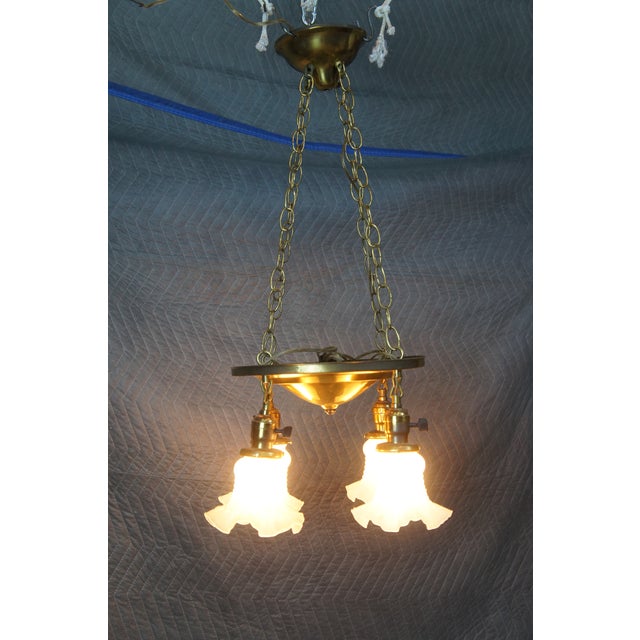 Antique Victorian Brass Ruffled Glass 4 Light Parlor Pendant Light Chandelier For Sale - Image 10 of 13