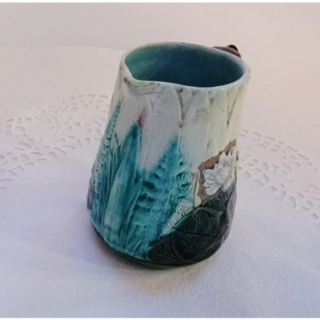 Majolica Antique Majolica Creamer, Earthtones With Green Leaves, Flowers and Fern. For Sale - Image 4 of 10