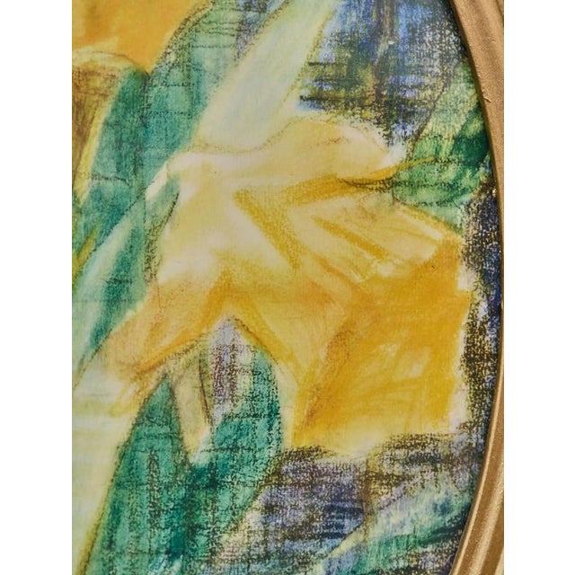 The delicately tuned painting depicts a bunch of blooming yellow daffodils in a vase, presented with ease and artistic...