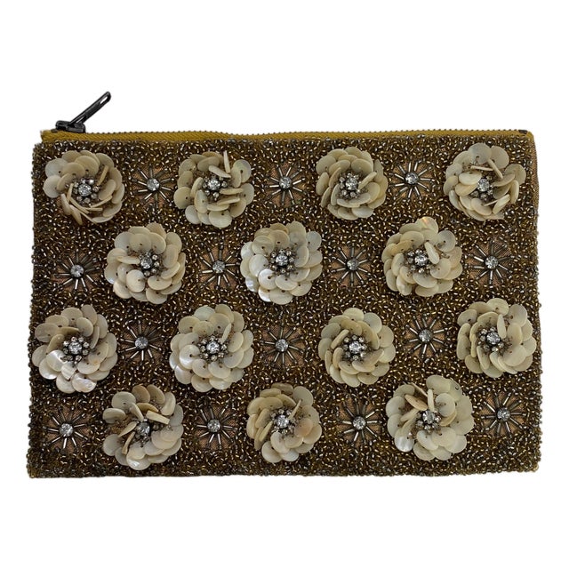 Vintage Indian Hand-Beaded Floral Sequin Evening Clutch For Sale