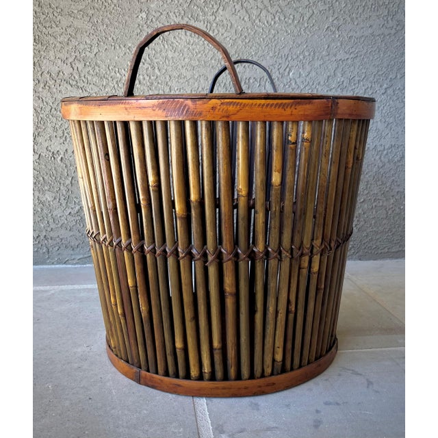 Mid 20th-Century Split Bamboo Tortoiseshell Planter Floor Basket With Ear Handles For Sale In Austin - Image 6 of 18