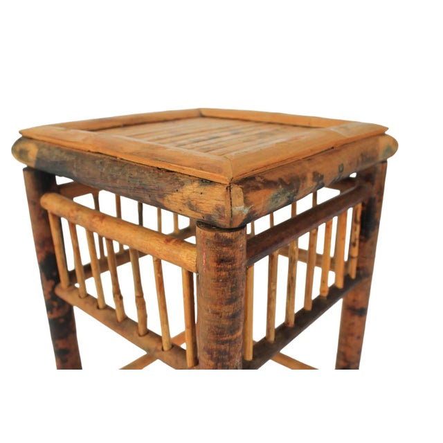 Boho Chic Square Burnt Bamboo Plant Stand / Pedestal For Sale In Milwaukee - Image 6 of 8