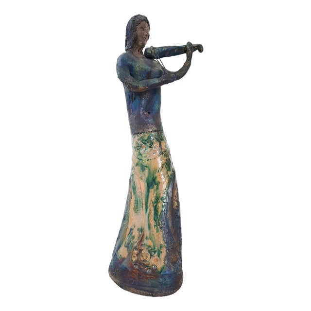 Vintage Terracotta Ceramic Violinist, 1950s For Sale
