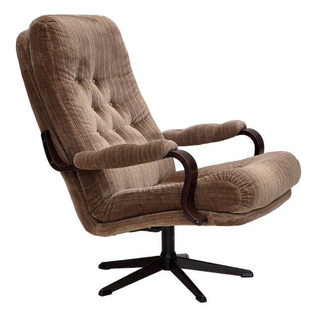 Danish Swivel Armchair in Corduroy and Dark Beechwood, 1970s For Sale