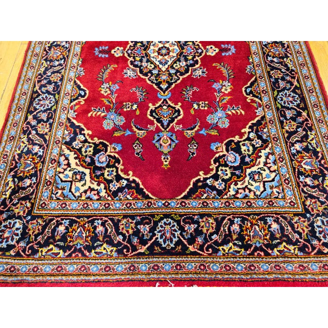 Vintage Persian Kashan Rug, Hand-Knotted Wool, Floral Pattern, Red & Navy, 4x6 For Sale - Image 4 of 17
