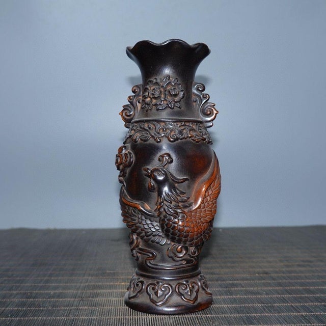 Vintage Chinese Boxwood Carved Vase With Phoenix Motif For Sale - Image 4 of 9
