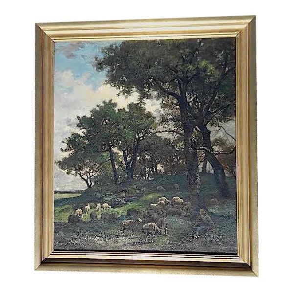 Original Signed Antique Oil on Canvas-Sheep & Shepherd-Charles Emile Jacque-Barbizon School For Sale