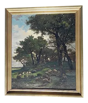 Original Signed Antique Oil on Canvas-Sheep & Shepherd-Charles Emile Jacque-Barbizon School