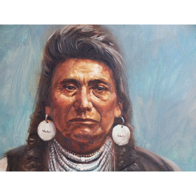 A vintage (1977) oil on canvas painting of American Indian Chief Joseph. Artist is Paul Milosevich, born in 1936. Measures...
