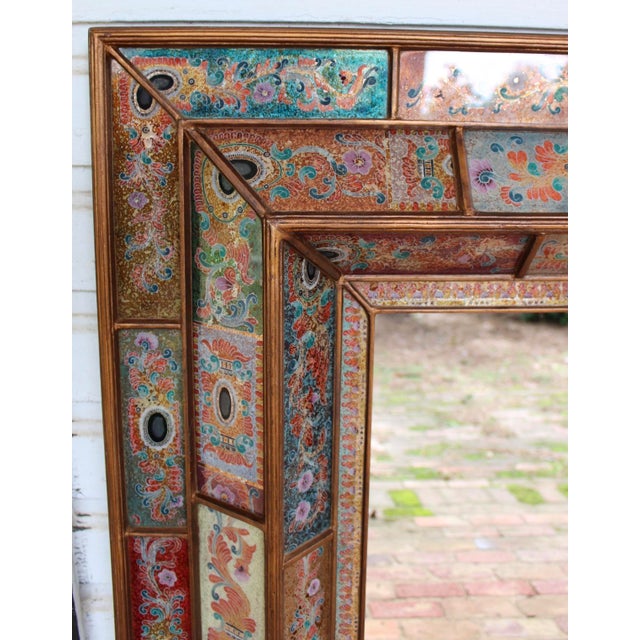 Stunning Large Hand-Made Reverse Painted Glass Paneled Mirror by Artist Robert Weiss, Peru For Sale - Image 4 of 14
