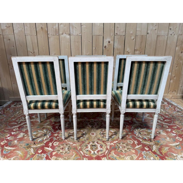 Louis XVI Style Chairs in Painted Wood and Striped Velvet, 1970s, Set of 6 For Sale - Image 3 of 10