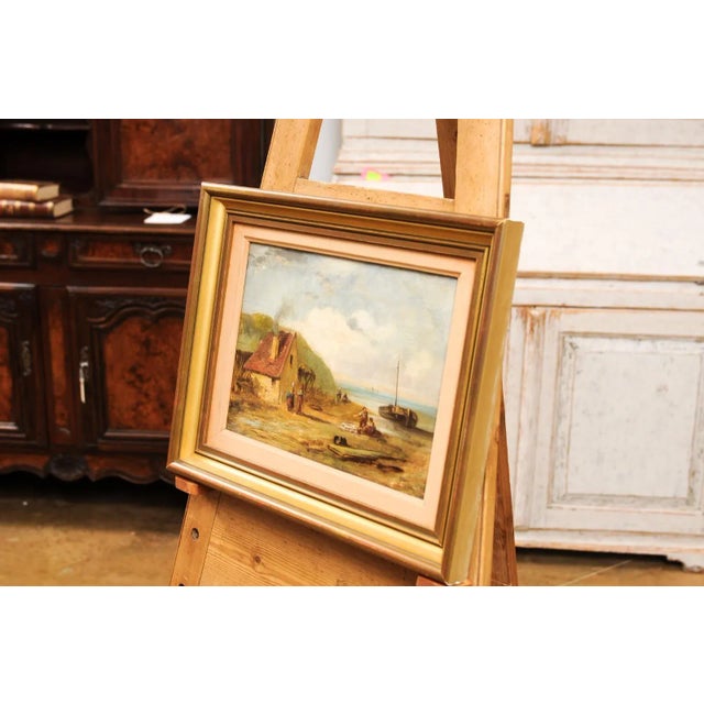 French 19th Century Framed Oil On Panel Painting Depicting a Village by the Sea For Sale - Image 11 of 12