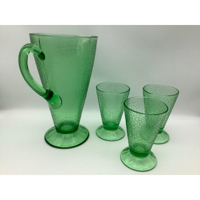 Vintage Depression Crackle Green Glass Pitcher Tumbler Set- 4 Pieces For Sale - Image 9 of 10