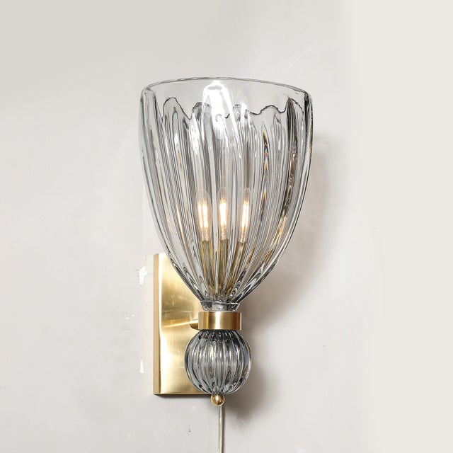 2020s Modernist Orbital Drop Hand-Blown Murano Fluted Smoked Blue Gray Glass Sconces For Sale - Image 5 of 13