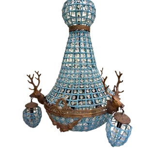 Vintage French Blue Crystal Beaded Brass Stag Deer Head Chandelier For Sale