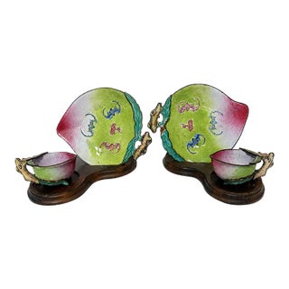 Pair, Qing Dynasty Chinese Canton Enamel 'Peach' Cups and Saucers For Sale