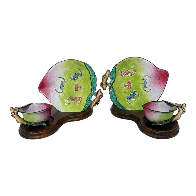 Pair, Qing Dynasty Chinese Canton Enamel 'Peach' Cups and Saucers For Sale