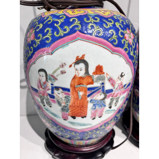 1990s Chinese Famille Rose Porcelain Jar Table Lamp - a Pair For Sale - Image 10 of 12