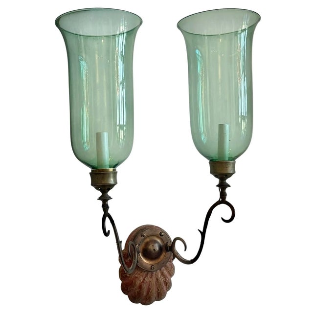 Pair of Early 20th Century Hand Blown Green Glass Two Arm Wall Sconces. In Anglo-Indian form. Georgian or Federal Style....