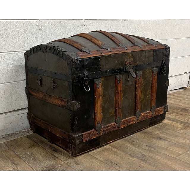 Traditional Antique Camel Back Steamer Trunk Chest For Sale - Image 3 of 11