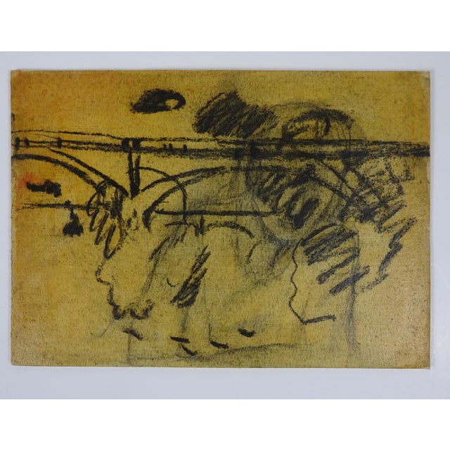 French Mid 20th Century Plein Air River Bridge Study in Yellow and Black Painting For Sale - Image 3 of 4