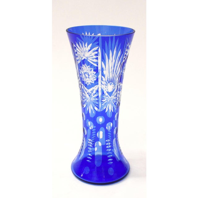 Vintage Czech Bohemian Cobalt Blue Cut To Clear Crystal Vase