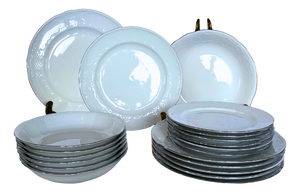 Marie-Luise Style White Embossed Porcelain Dinner Service for 6 with Platinum Rim from Seltmann Weiden Bavaria, 1960, Set of 18