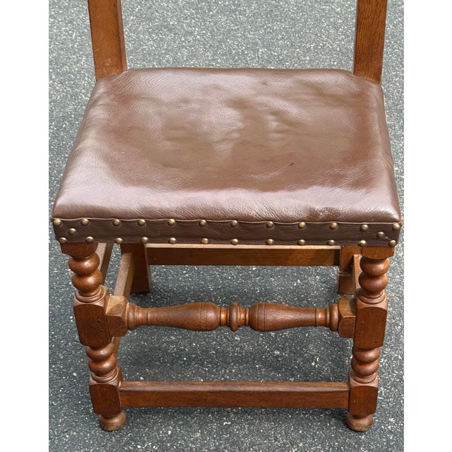 Early 1900’s Oak and Leather Cromwellian Dining Chairs - Set of 6 For Sale - Image 4 of 10