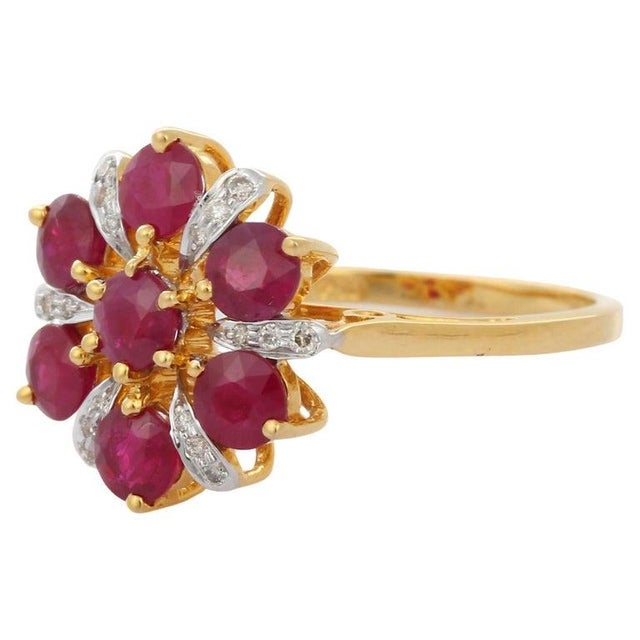 Modern Indian Style Ruby Flower Ring Size 7 For Sale - Image 3 of 10