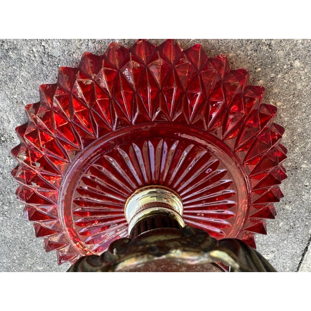 Vintage 1973 Brass Footed Ruby Red Diamond Cut Glass Compote Dish For Sale - Image 12 of 12