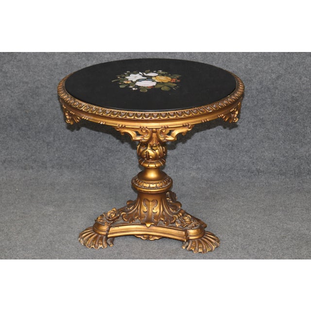 Rococo Antique Italian Pietra Dura Florentine Table With Ornate Carved Gilt Base For Sale - Image 3 of 14