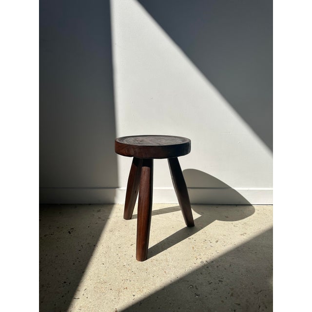 Brown Small Brown High Hollow Upcycled Teak Tripod Stool For Sale - Image 8 of 10