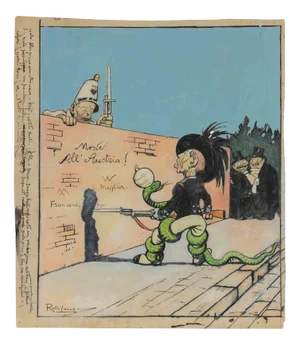 Gabriele Galantara, The Bersagliere and the Snake, Mixed Media Drawing, 1908