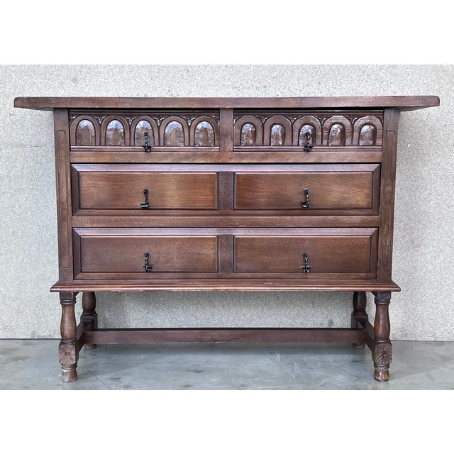 20th century Spanish antique walnut console sofa table with the four drawers and original iron hardware. You can use like...