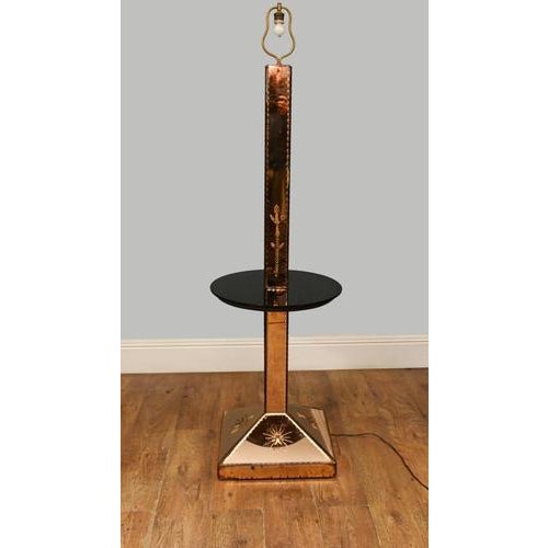 Striking Art Deco standard lamp featuring a tall geometric column constructed from coloured glass panels framed with metal...