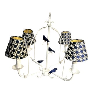 Palm Beach Regency 4 Light Navy Blue Bird Chinoiserie White Chandelier with Navy Lattice Shades For Sale