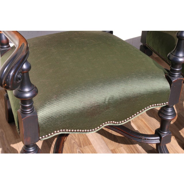Pair of Antique High Back Throne Armchairs | Green Upholstery & Gold Monogram | Early 20th Century For Sale - Image 10 of 18