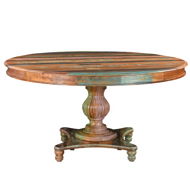 Farmhouse 1970s Rustic Brown Reclaimed Wood Round Pedestal Dining Table – 1 Piece For Sale - Image 3 of 5