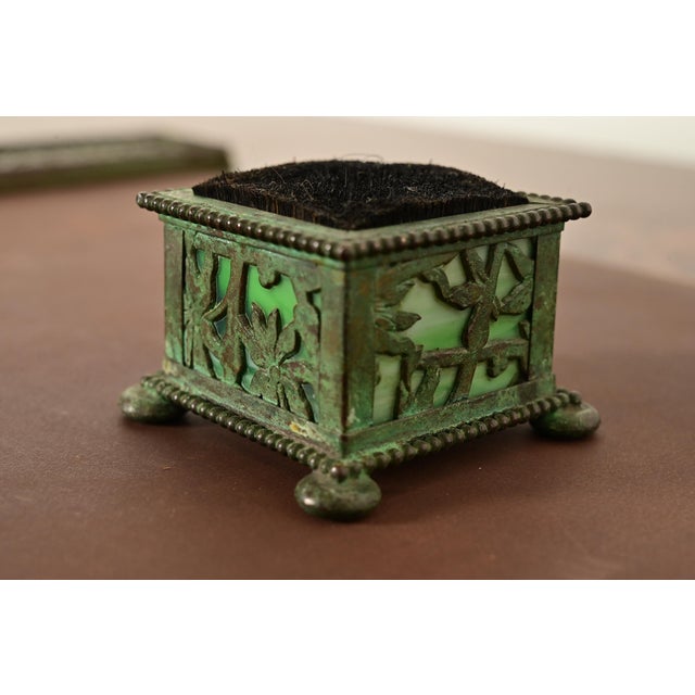 Art Deco Apollo Studios New York Arts & Crafts Grapevine Pattern Bronze and Slag Glass Pen Brush For Sale - Image 3 of 9