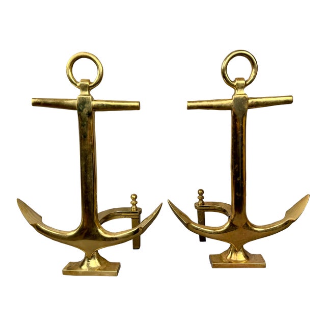 Pair of Mid-Century Brass Anchor Andirons For Sale