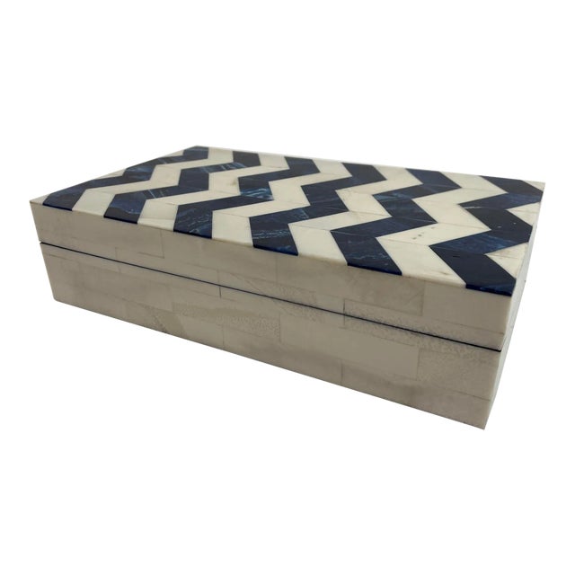 Ivory and Blue Chevron Bone Inlay Trinket Box For Sale
