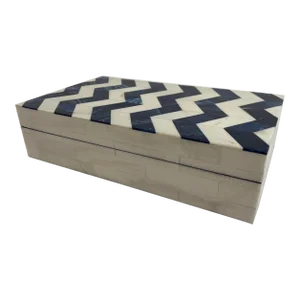 Ivory and Blue Chevron Bone Inlay Trinket Box