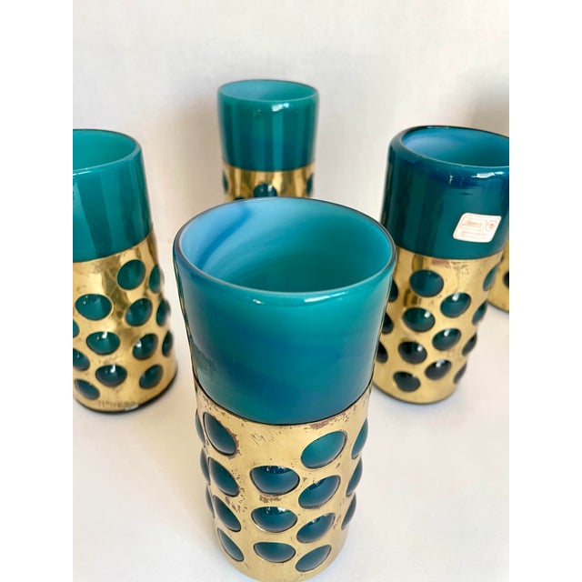 Mid 20th Century Mexican Hand-Blown Caged Blue Art Glass and Brass Glasses Made by Jomeli - Set of 6 For Sale - Image 4 of 12