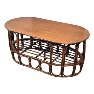 Italian Rattan & Wood Coffee Table, Circa 1970's For Sale